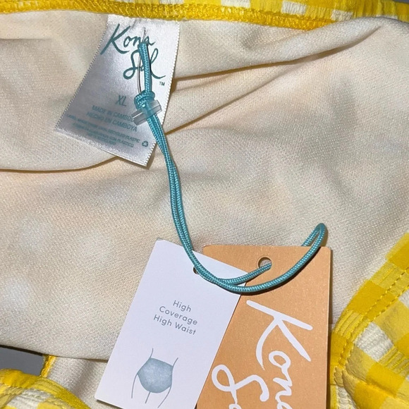 Kona Sol, XL Gingham, textured yellow white plaid high waist bikini bottom NEW - Picture 7 of 8